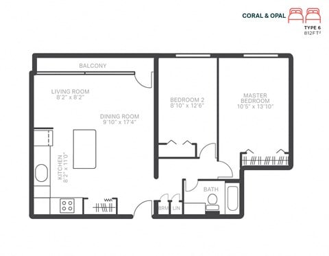 Floor plan for 2 beds, 1 bath, 812 sqft